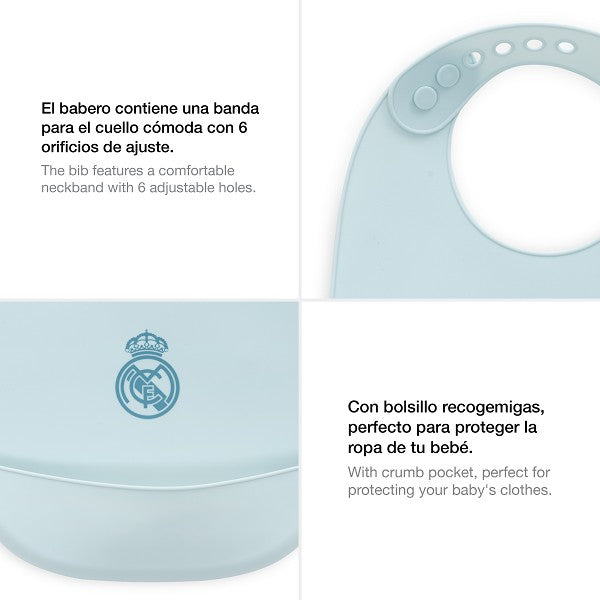 Babero Real Madrid Silicona | Oficial, Antibacteriano y BPA Free Azul