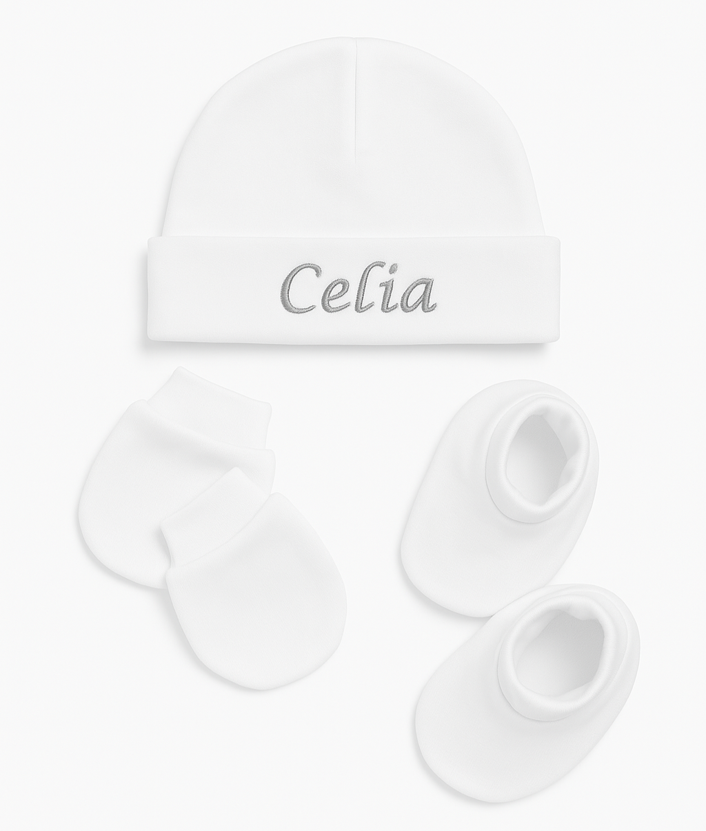 Pack de nacimiento personalizado Gorro, manoplas y patucos para