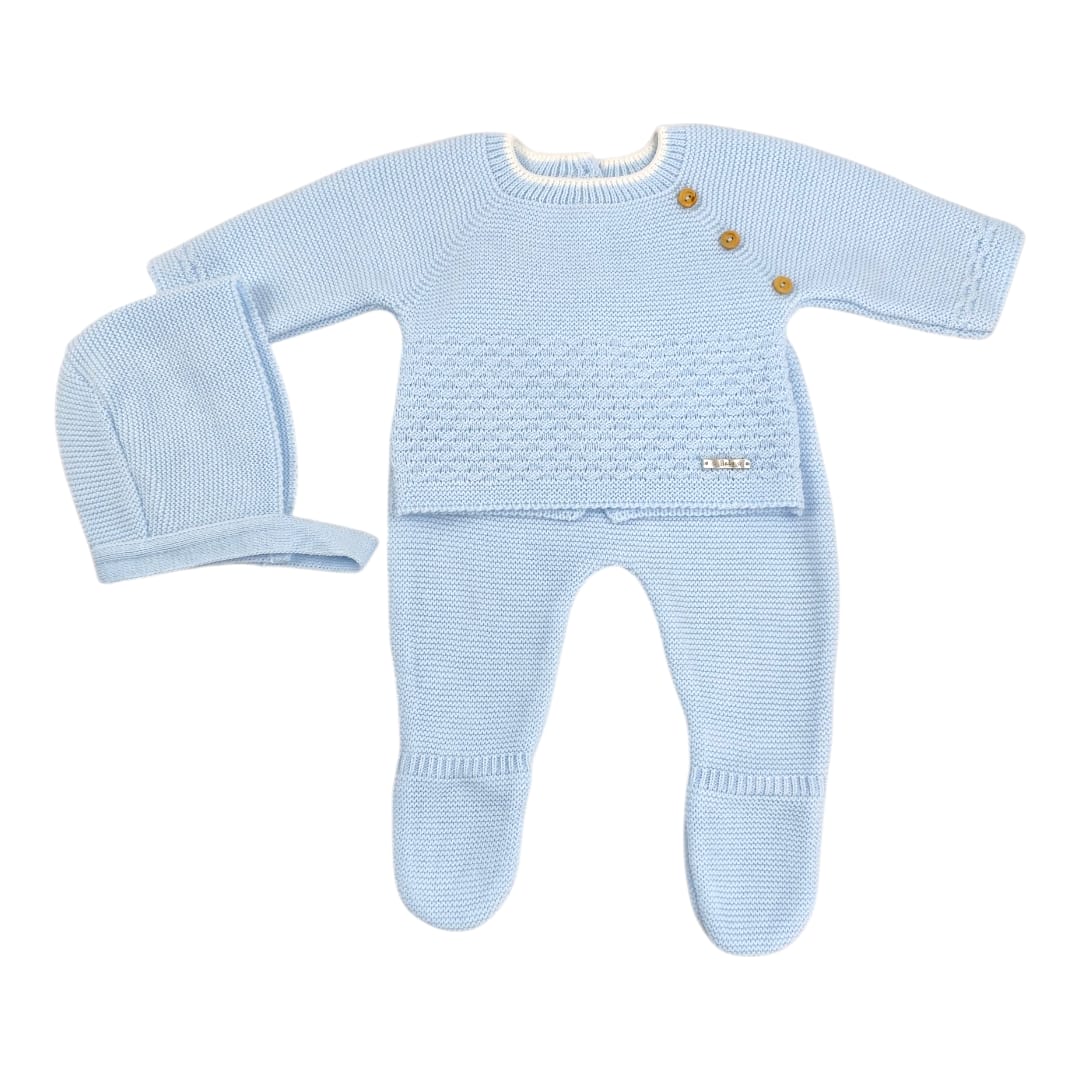 Conjunto de punto bebé celeste con gorro