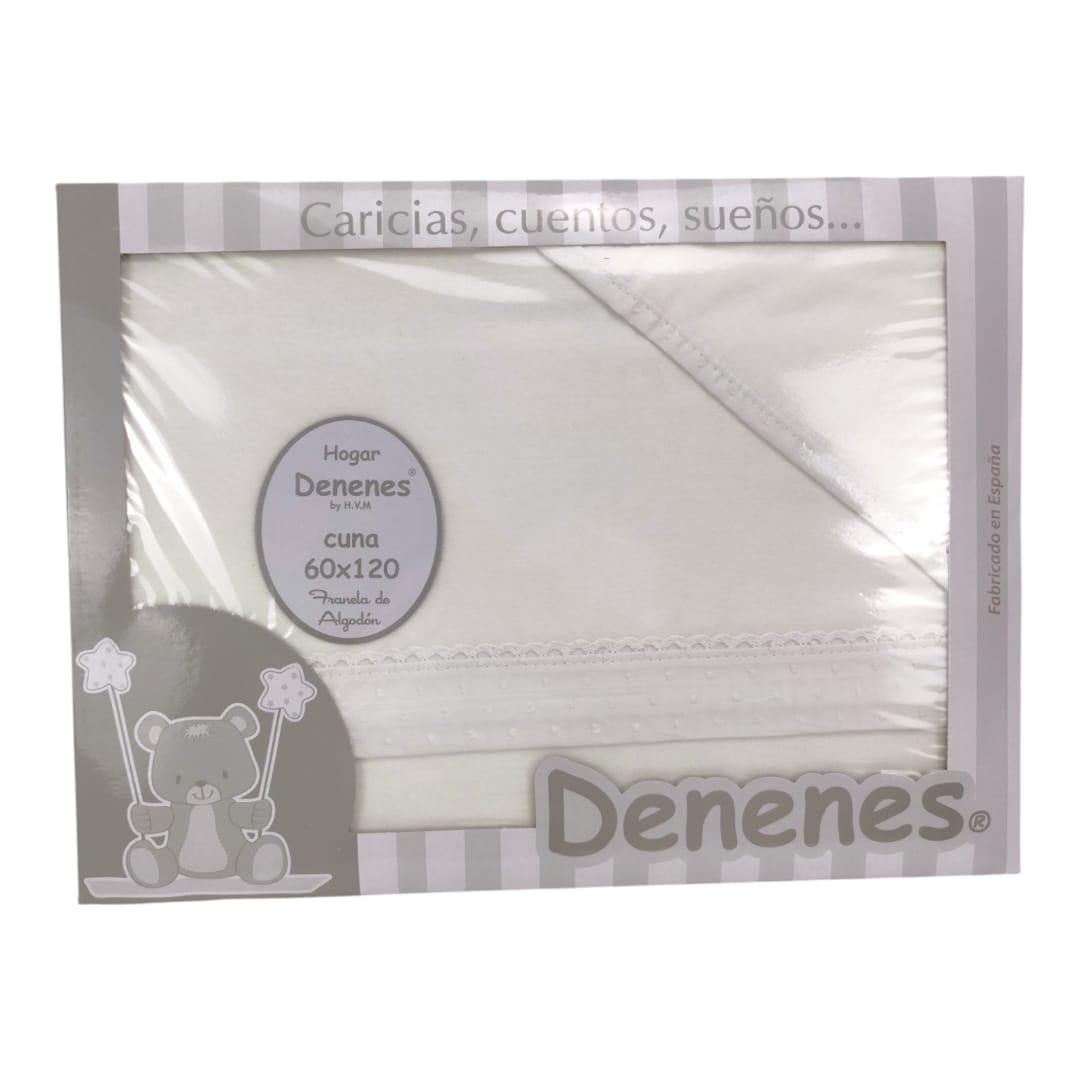 Sábana de franela blanca para cuna con diseño plumeti y bordado delicado.