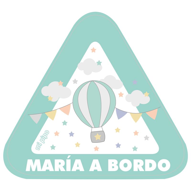 Adhesivo triangular verde menta con triángulo blanco interior, globo aerostático y texto blanco personalizado "María a.