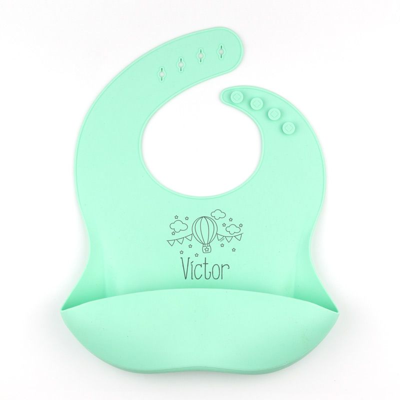 Babero SILICONA Personalizado Nombre + Globo, color a elegir