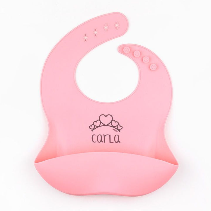 Babero SILICONA Personalizado Nombre + Tiara, color a elegir - Mikeko