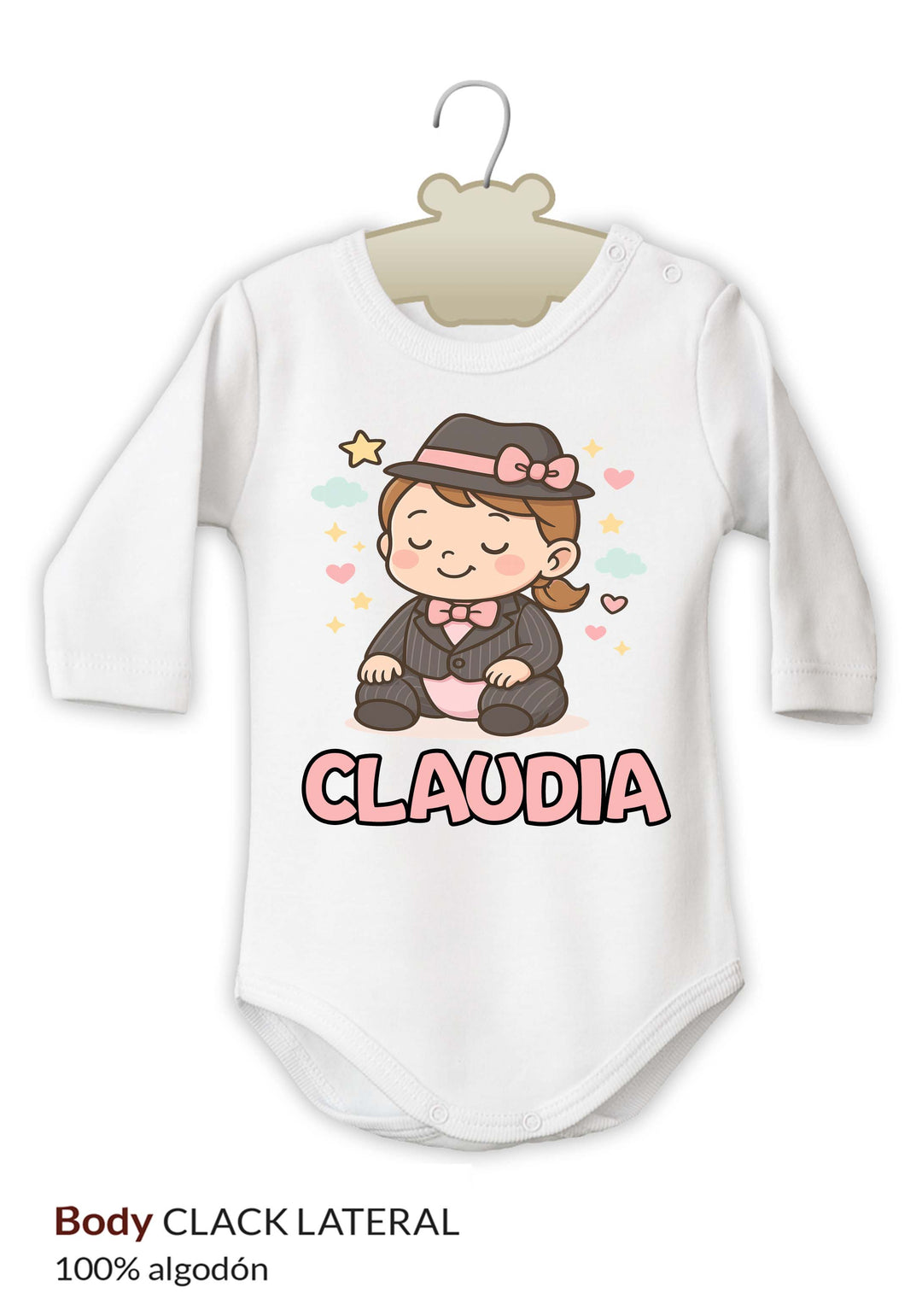 Body blanco de algodón para bebé con estampado de niña mafiosa y nombre "Claudia" en rosa.