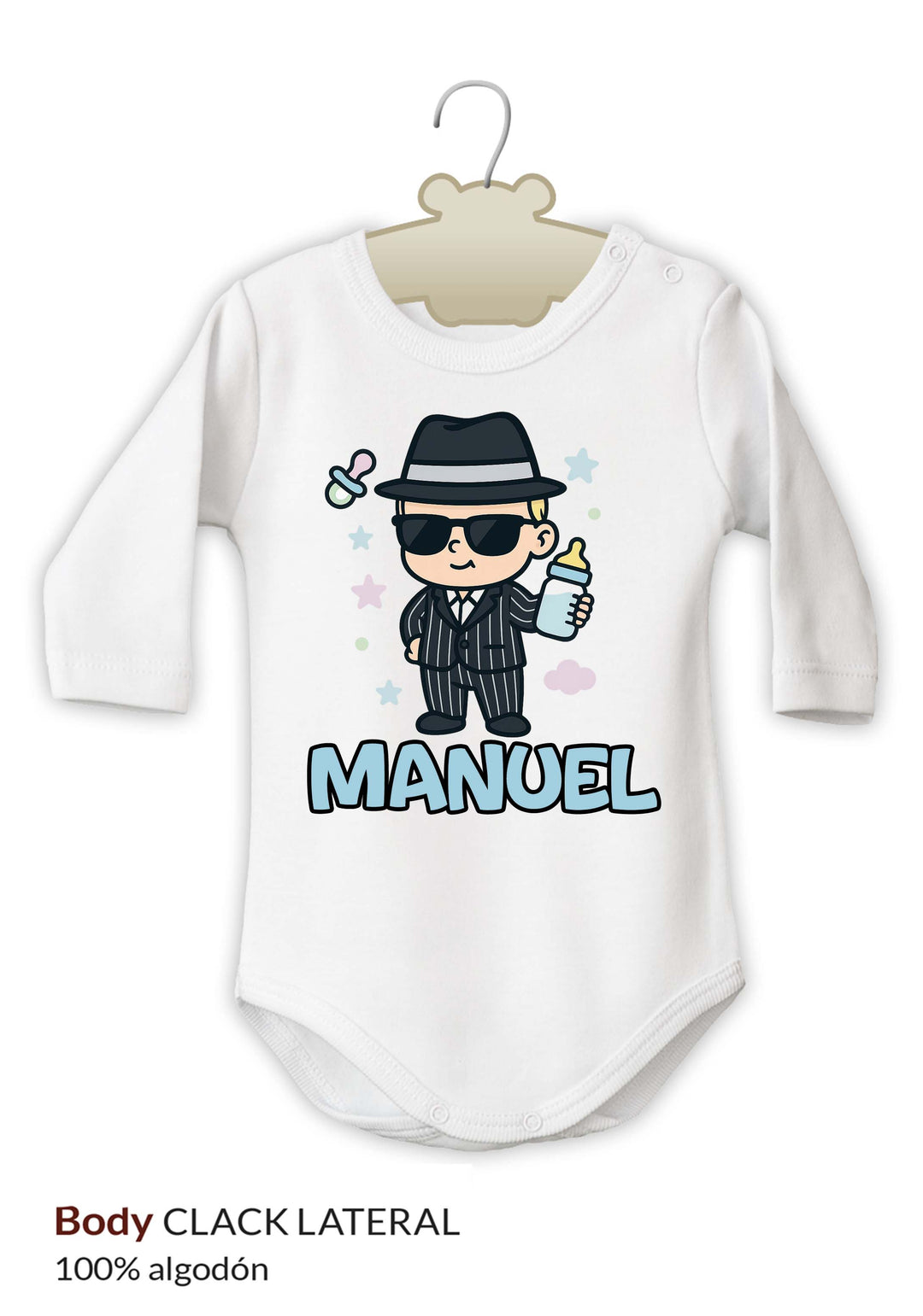Body blanco de manga larga para bebé con dibujo de mafioso con gafas, sombrero y biberón, nombre Manuel en azul claro.
