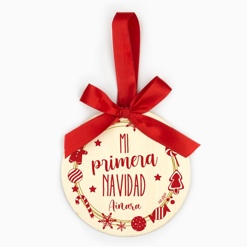 Bola Navidad MADERA Corona navideña, Mi primera Navidad personalizada - Mikeko