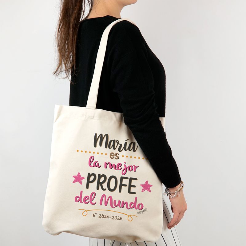 Bolso de Algodón orgánico Personalizado (nombre) Es la Mejor Profe del Mundo (texto libre)