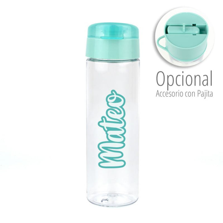 Botella transparente con tapa menta y texto personalizado "Mateo" en color menta, accesorio opcional con pajita.