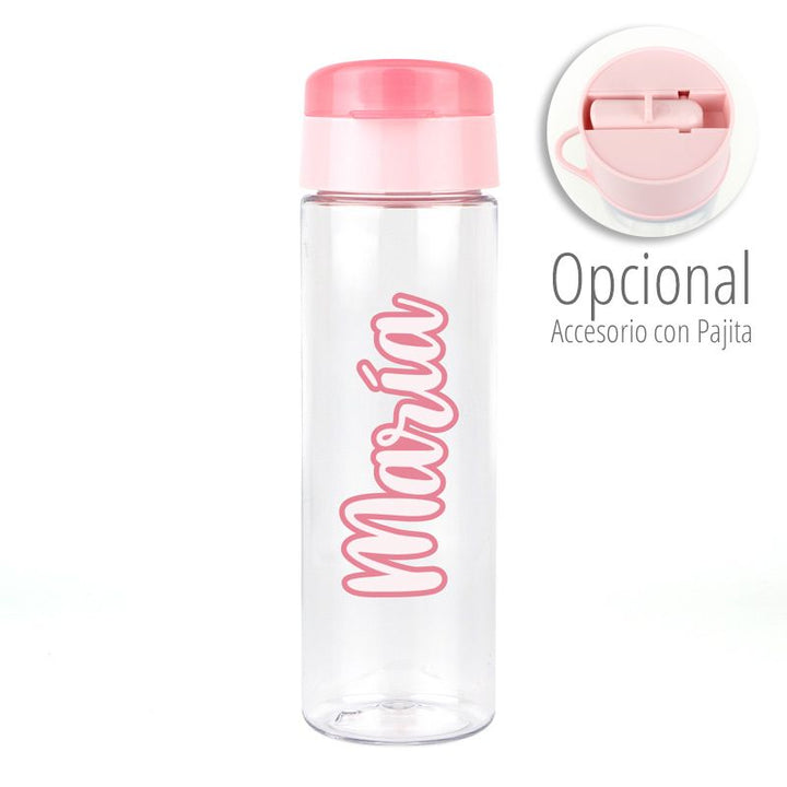 Botella transparente con tapa rosa y texto caligrafía "María" personalizada en rosa, accesorio con pajita opcional.