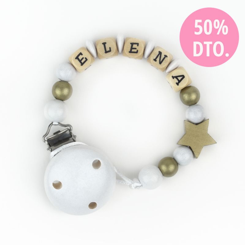 Cadenita de madera personalizada estrella dorada blanco