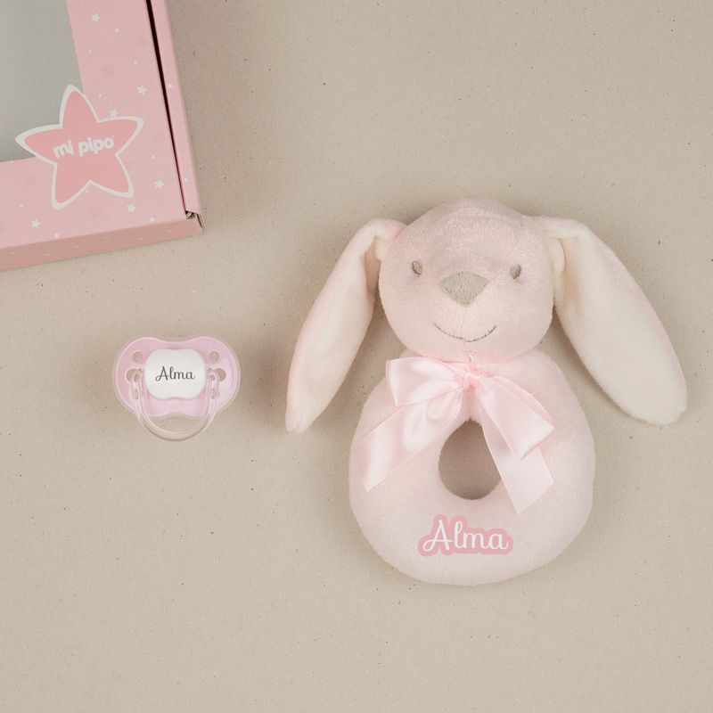 Cajita Sonajero Conejito Rosa Personalizada - Mikeko