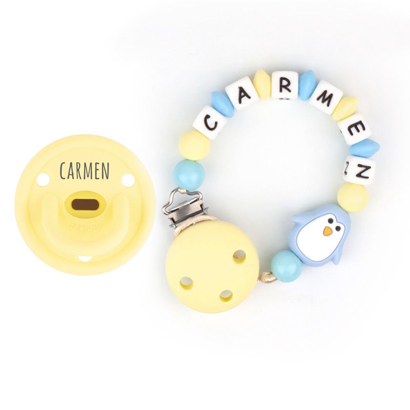 Cajita Chupete Gummy Amarillo Soft + Cadenita de Silicona Pingüino personalizada