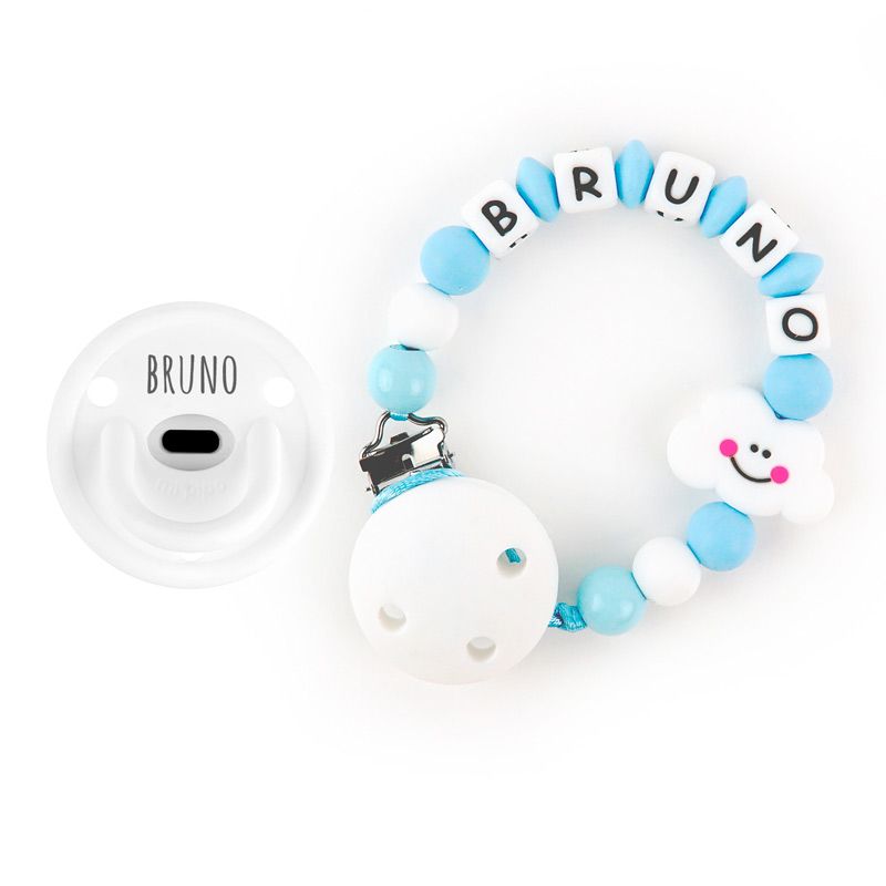 Cajita Chupete Gummy Blanco + Cadenita de Silicona Nube Azul personalizada