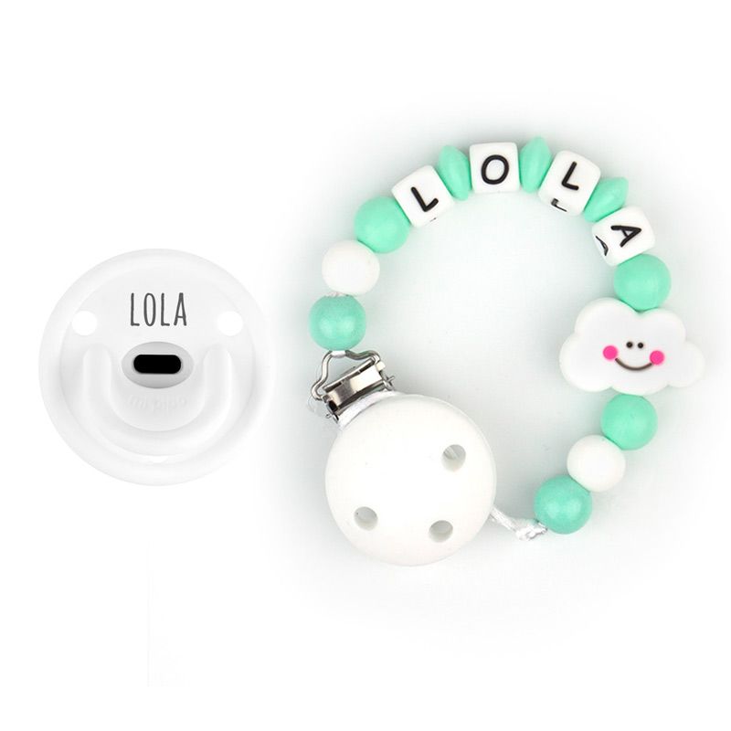 Cajita Chupete Gummy Blanco + Cadenita de Silicona Nube Menta personalizada