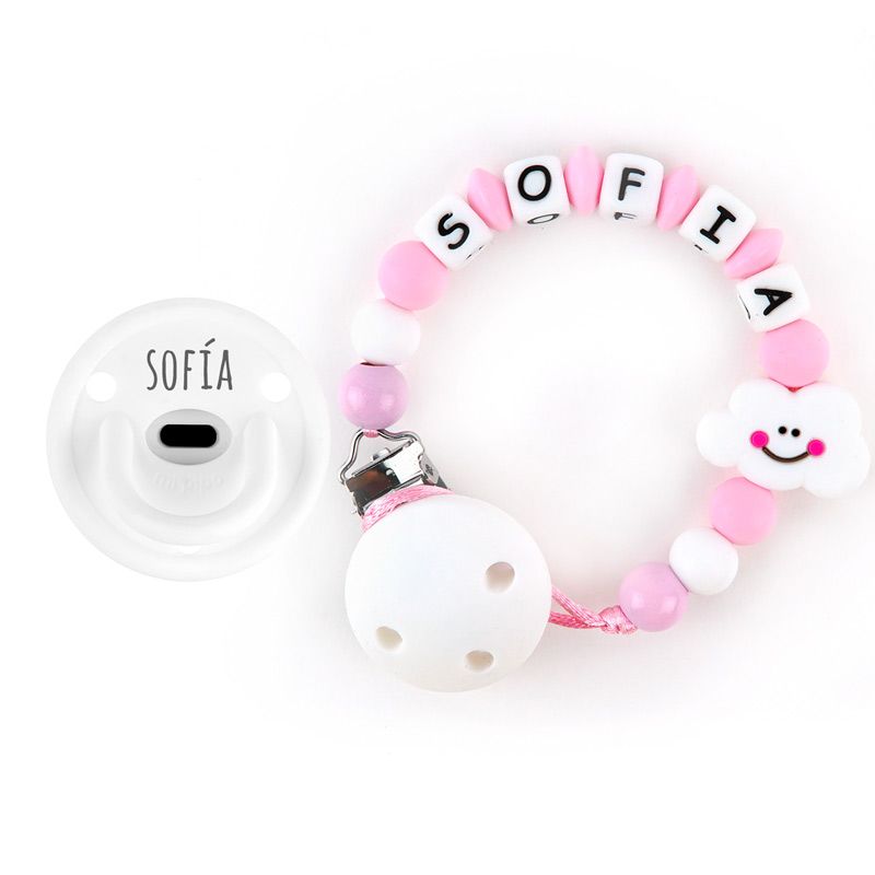 Cajita Chupete Gummy Blanco + Cadenita de Silicona Nube Rosa personalizada
