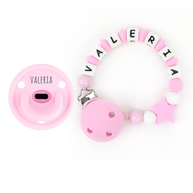 Cajita Chupete Gummy Rosa + Cadenita de Silicona Estrella Rosa personalizada