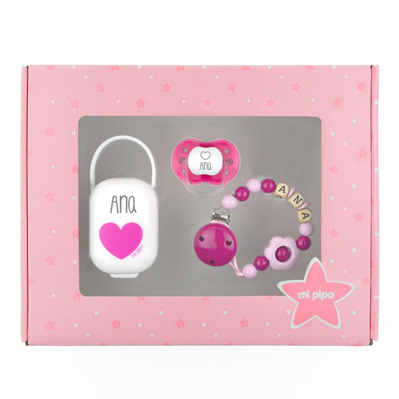 Set de cajita regalo rosa con chupete fucsia y sujetachupete personalizado con nombre Ana.