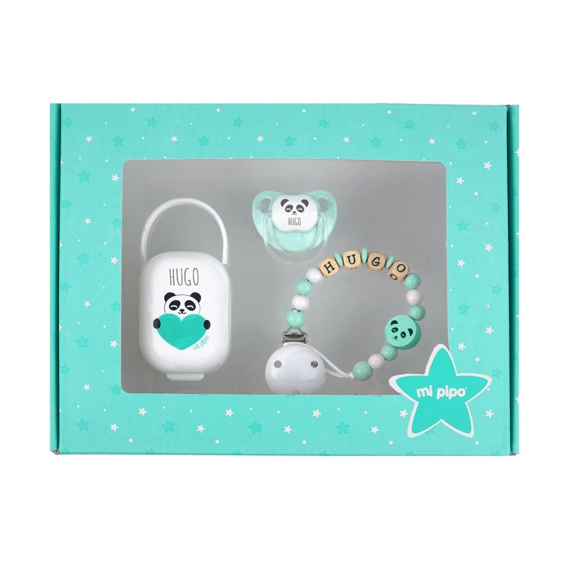 Cajita menta con set de bebé panda que incluye chupón, sujetachupón y porta chupón decorados en blanco y menta.