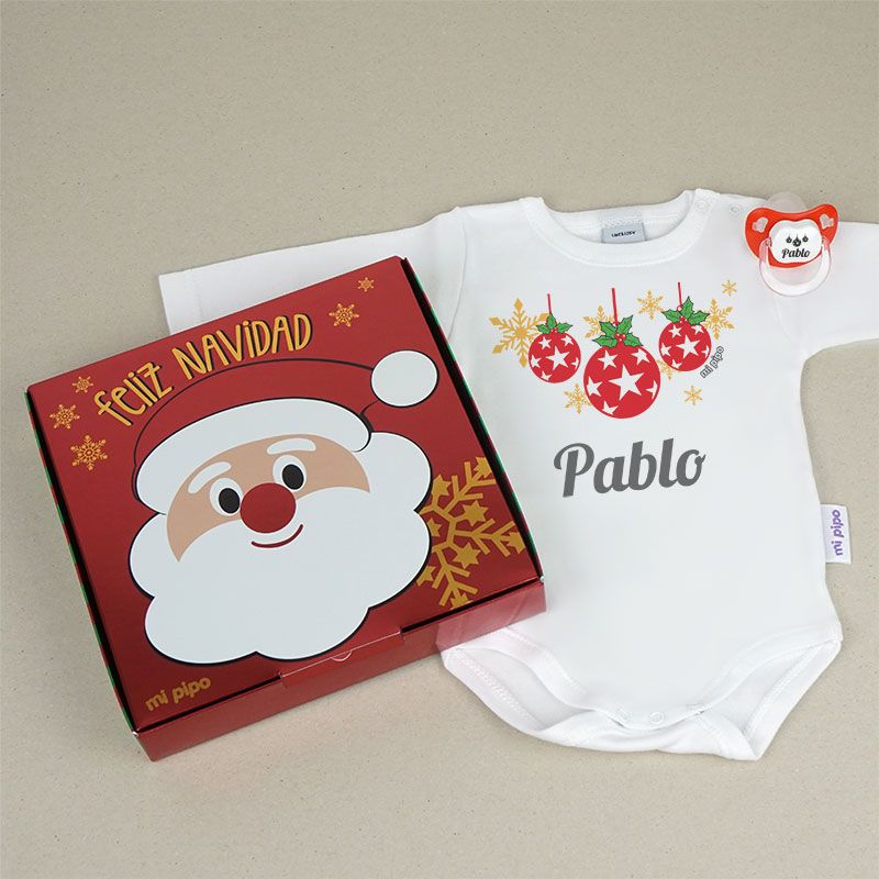 Cajita Navidad Body + Chupete Bolas Personalizada - Mikeko