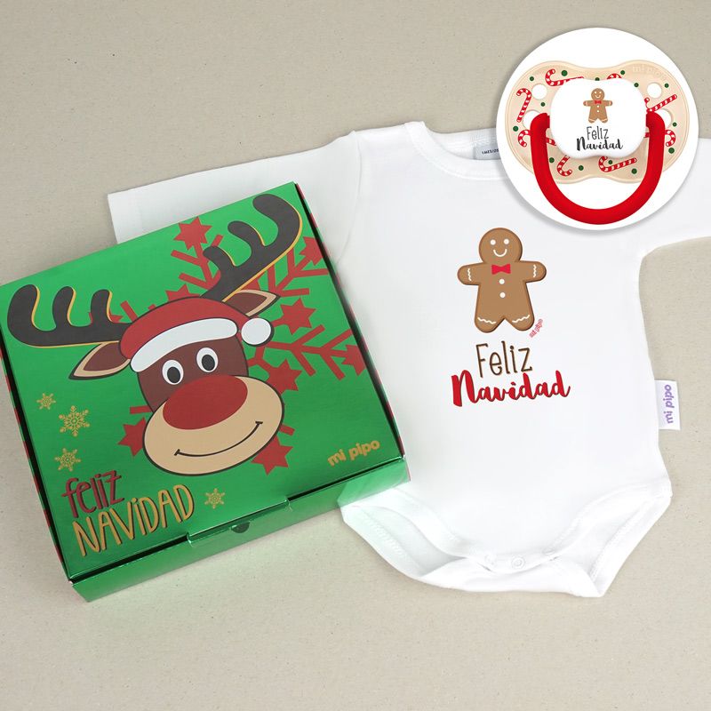 Cajita Navidad Body + Chupete New Classic Beige Bastones Galleta Feliz Navidad - Mikeko