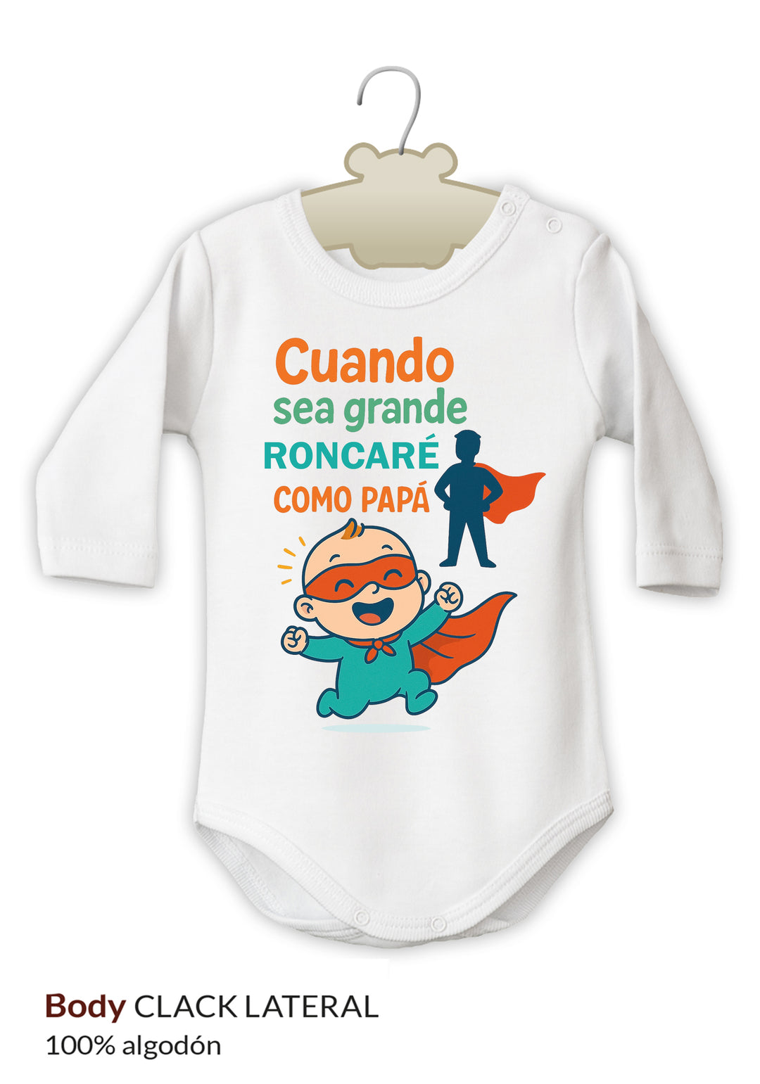 Body blanco de manga larga con diseño infantil de superhéroe y texto naranja y azul "Cuando sea grande roncaré como papá".