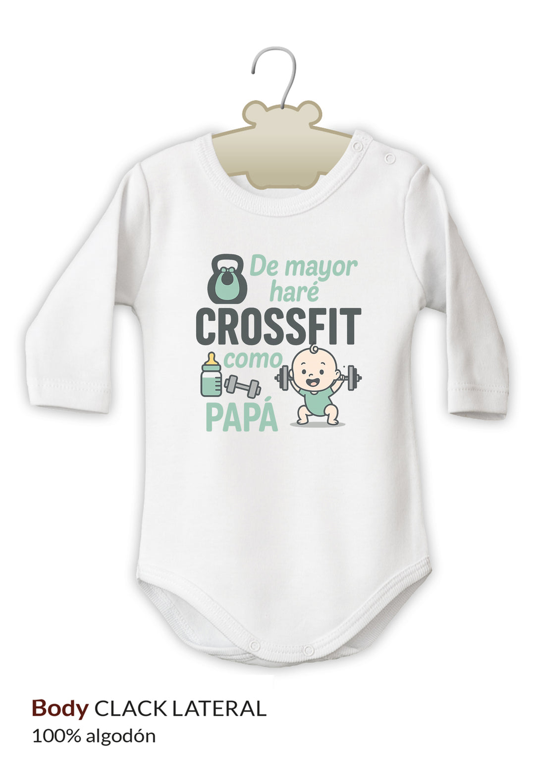 Body blanco de manga larga con texto verde y gris "De mayor haré CROSSFIT como PAPÁ" y dibujos de pesa, barra y bebé.