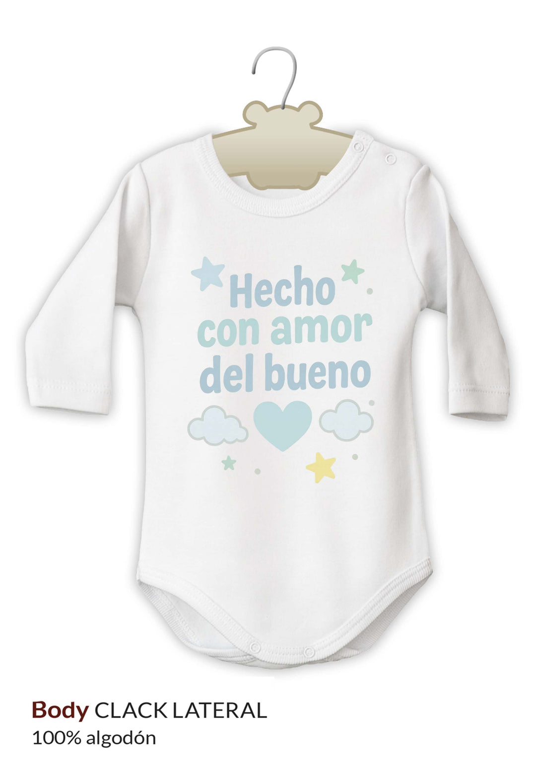 Body blanco de manga larga con texto azul "Hecho con amor del bueno" y estrellas decorativas.
