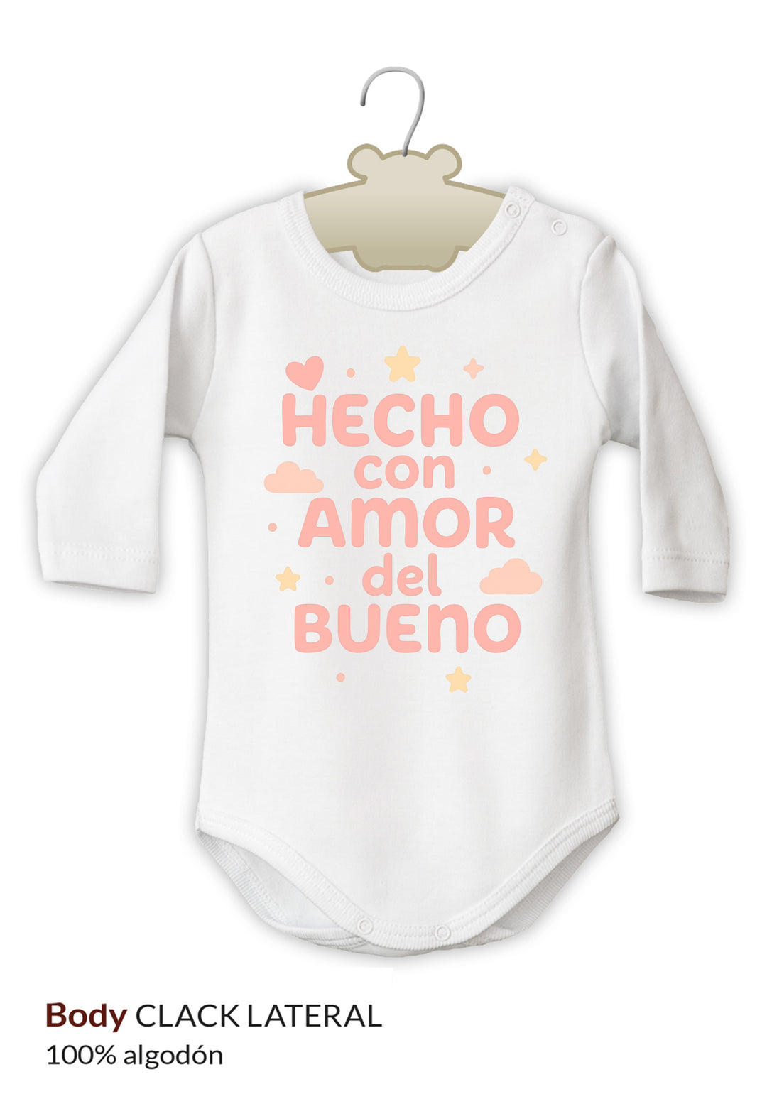 Body blanco de manga larga con texto rosa "Hecho con amor del bueno" y pequeños corazones y estrellas decorativas.
