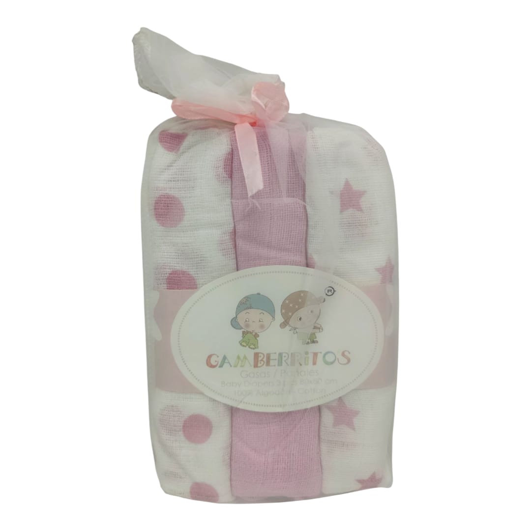 Pack de tres muselinas blancas con estampados rosa de lunas, estrellas y puntos, hechas de tela suave y transpirable.