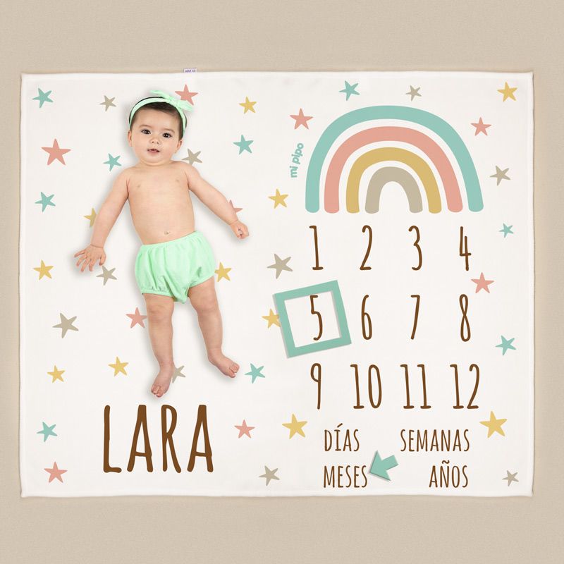 Manta blanca con arcoíris pastel, números del 1 al 12 y nombre Lara para fotos de cumplemes.