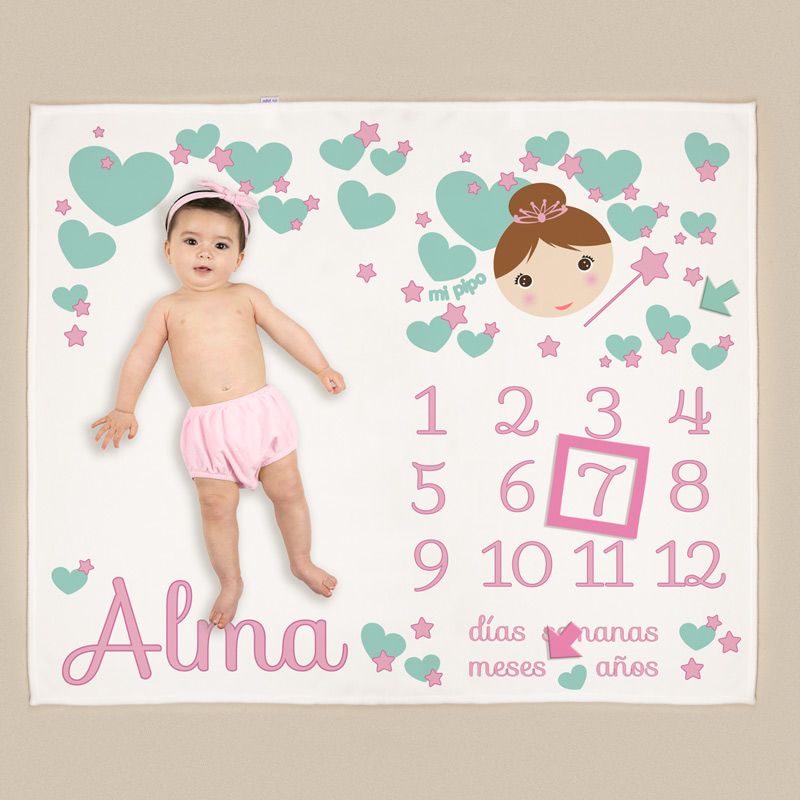 Manta blanca con nombre Alina en rosa, números del 1 al 12, hada ilustrada y corazones verdes y rosas para marcar meses,.