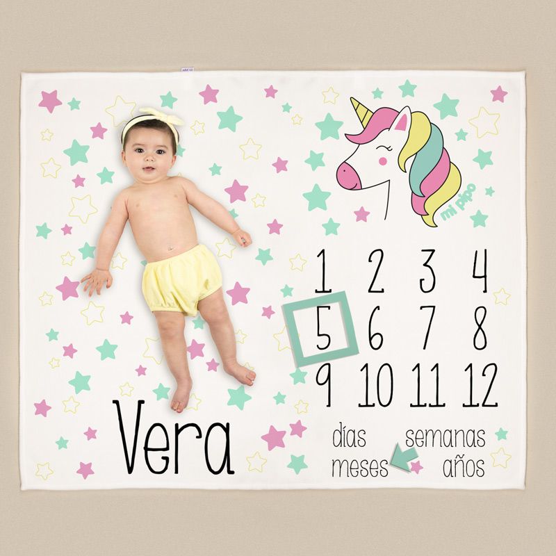 Manta blanca con estrellas rosas, verdes y lilas, unicornio con melena colorida y números del 1 al 12 para marcar meses o.