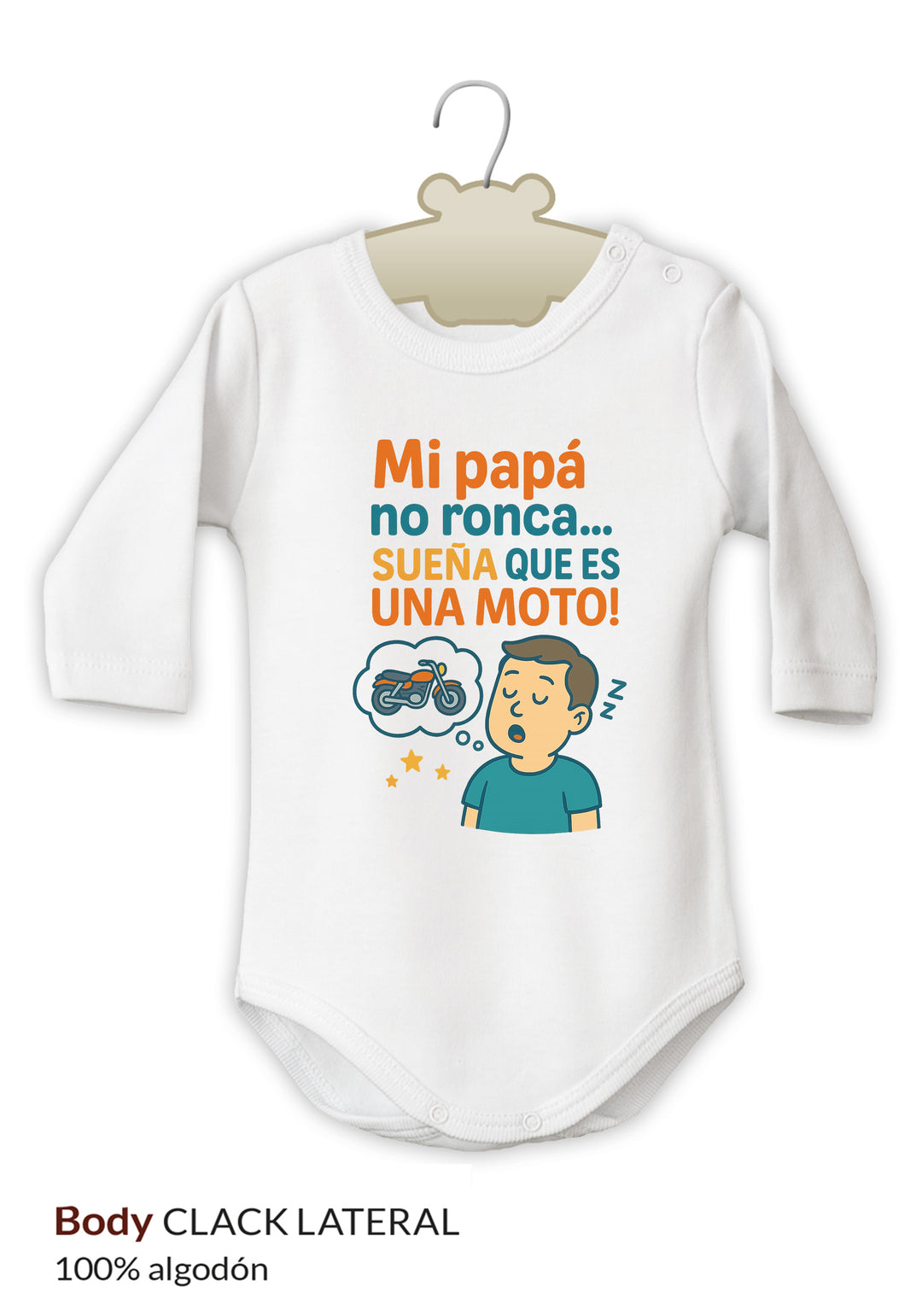 Body blanco de algodón para bebé con manga larga y estampado naranja y azul que dice "Mi papá no ronca...