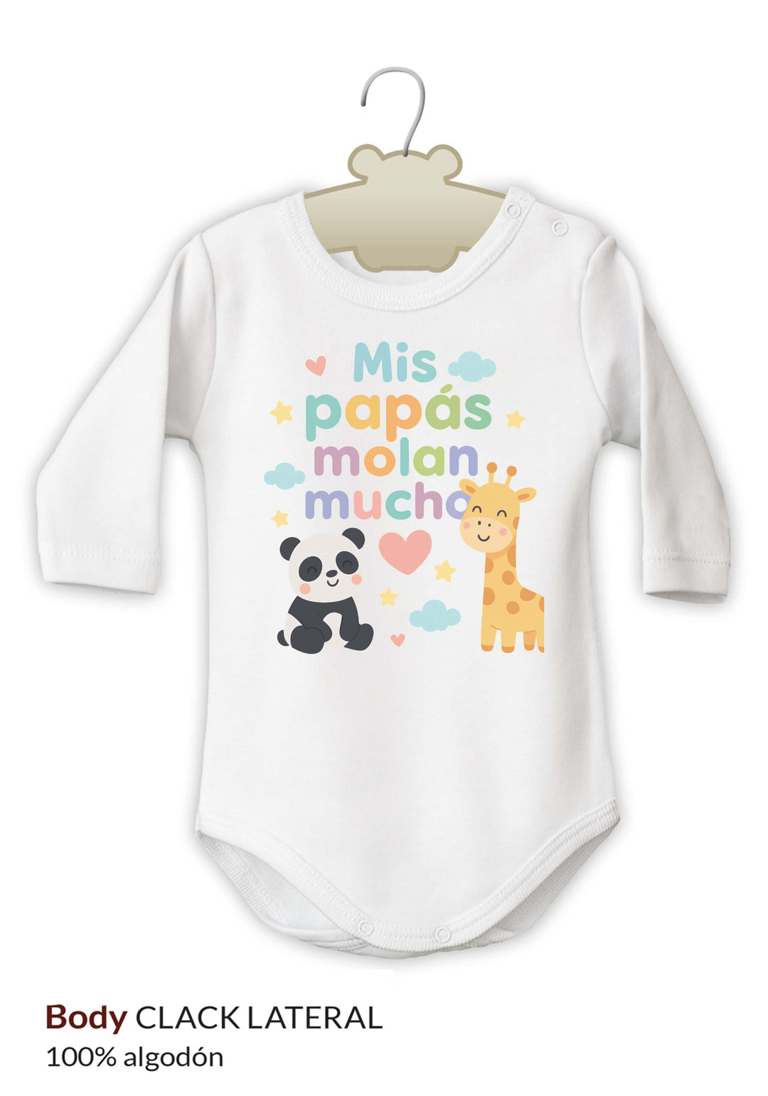 Body blanco de manga larga con texto colorido "Mis papás molan mucho" acompañado de ilustraciones de panda y jirafa.