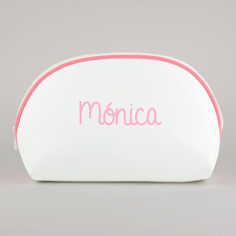 Neceser Polipiel Blanco-Ribete Rosa Personalizado - Mikeko