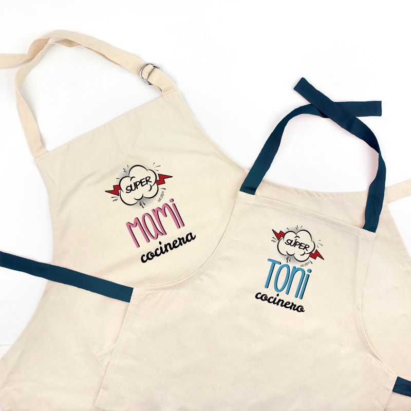 Pack Delantal Mamá y Delantal Niño/a Azul Personalizado Súper Mami y Súper (nombre) cocinero