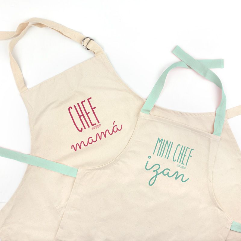 Pack Delantal Mamá y Delantal Niño/a Menta Personalizado Chef mamá, mini chef (nombre)