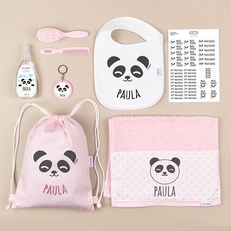 Pack Mi Cole Panda Rosa personalizado + Regalo Llavero