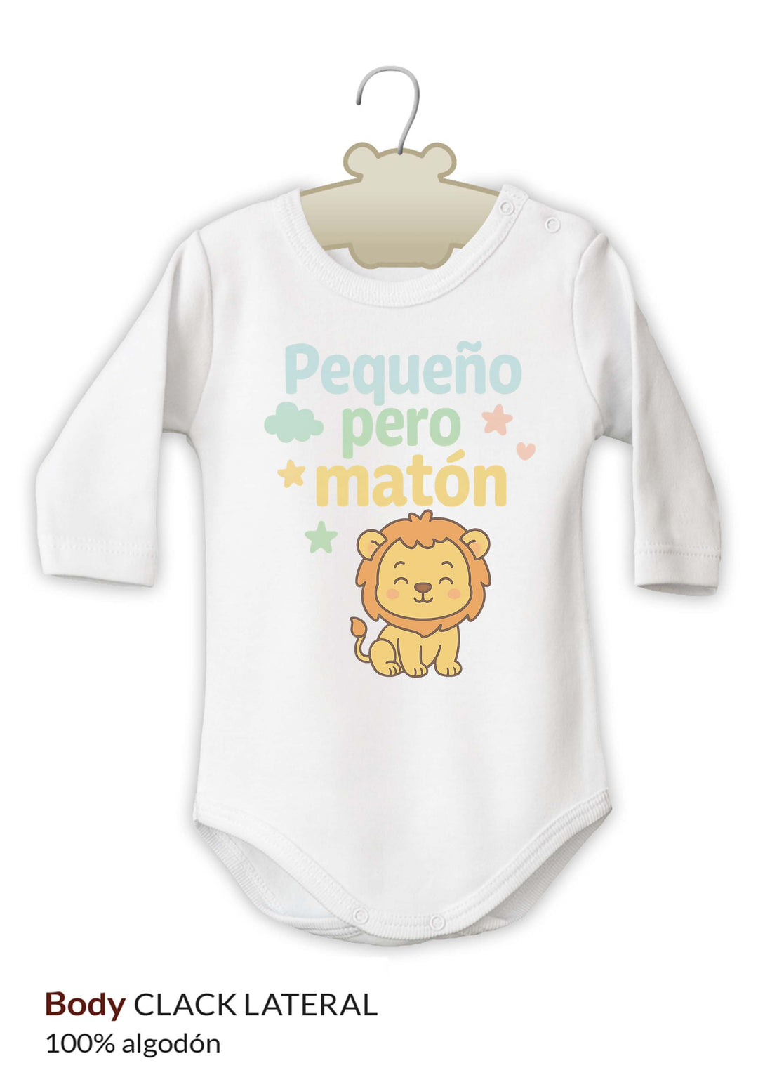 Body blanco de manga larga con dibujo de león y texto colorido "Pequeño pero matón".