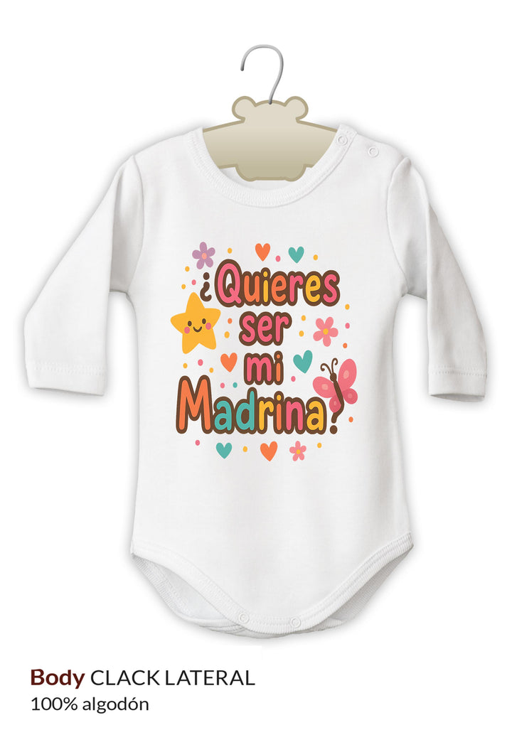 Body blanco de algodón para bebé con texto colorido "¿Quieres ser mi madrina?" y decoraciones de estrellas y corazones.