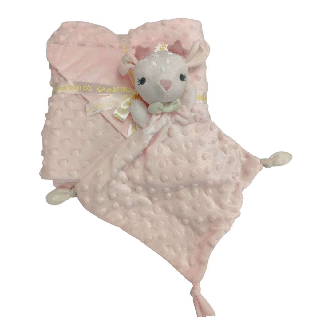 Pack manta y doudou rosa con textura de lunares suaves y cabeza de reno bordada.