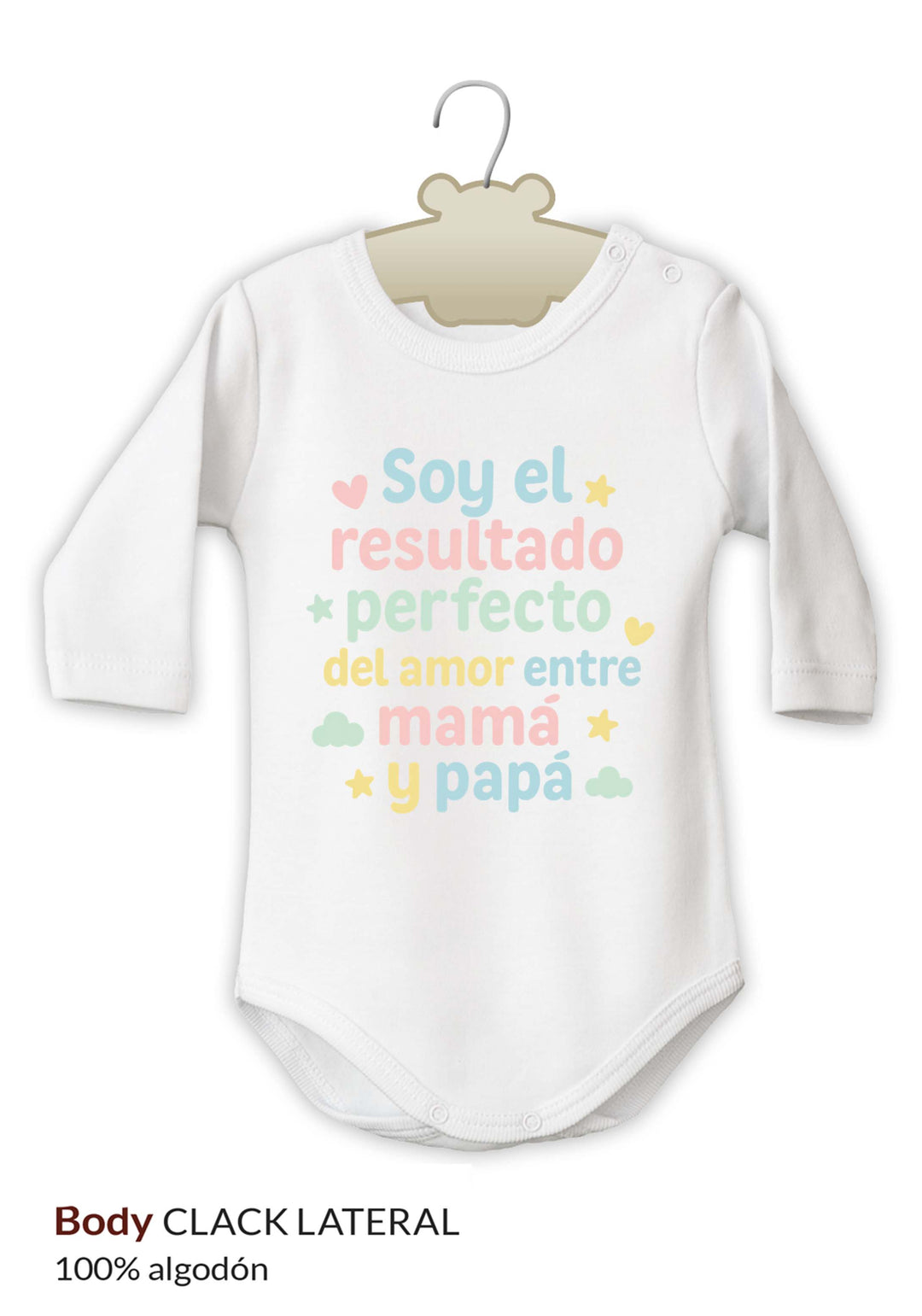 Body blanco de algodón para bebé con manga larga y texto colorido "Soy el resultado perfecto del amor entre mamá y papá".