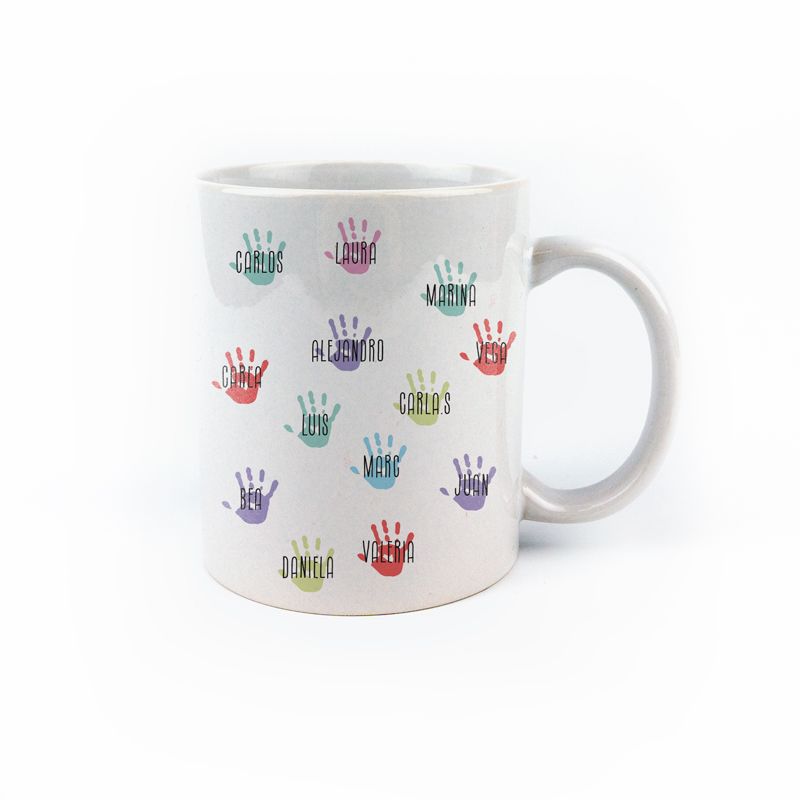 Taza cerámica o plástico Profe personalizada (nombre alumnos) Manitas