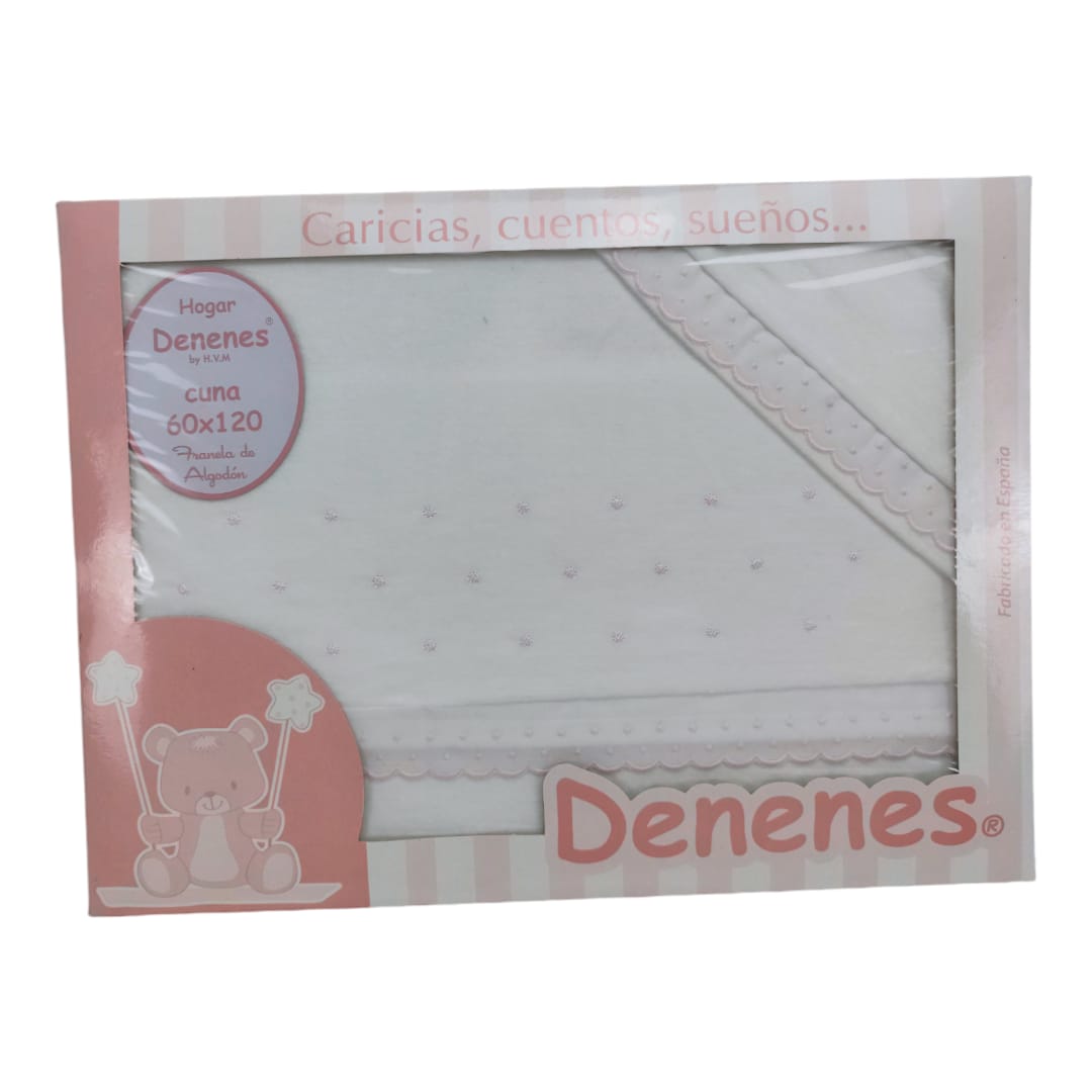 Sábana franela blanca con pequeños topos rosas para cuna, borde con encaje rosa suave.