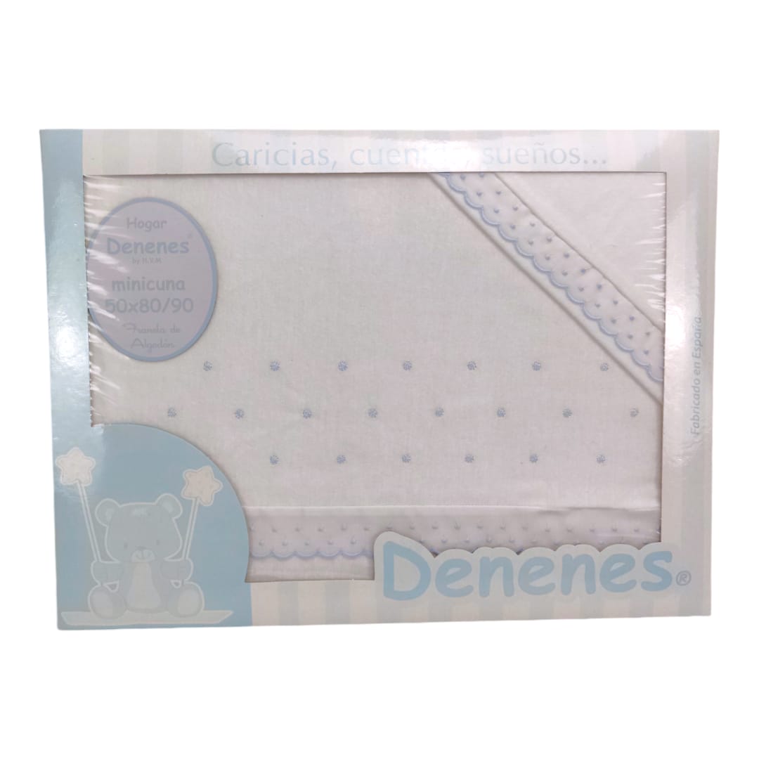 Sábana de franela blanca con pequeños topos azules y borde decorativo para minicuna.