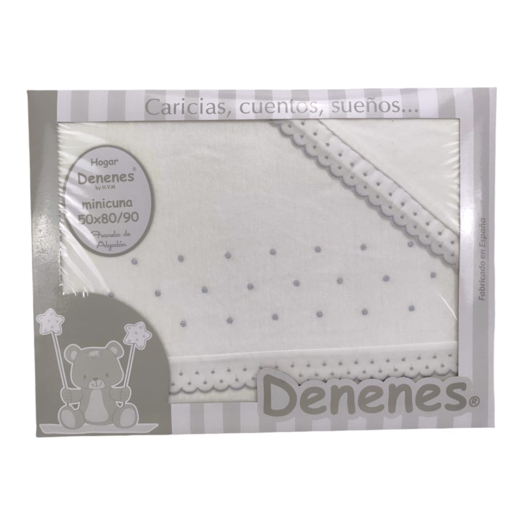 Sábana de franela gris claro con pequeños topos blancos y borde decorativo de encaje para minicuna.