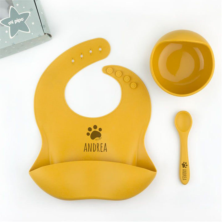 Vajilla con babero, bol y cuchara de silicona Personalizada, dibujo a elegir - Mikeko