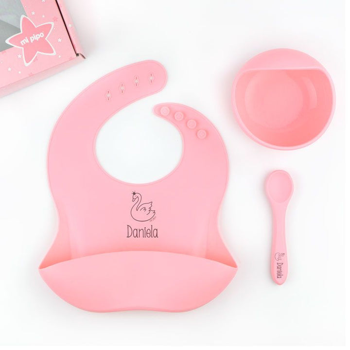 Vajilla con babero, bol y cuchara de silicona Personalizada, dibujo a elegir - Mikeko