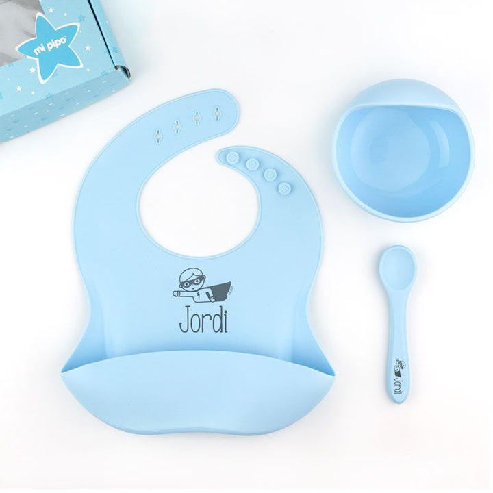 Vajilla con babero, bol y cuchara de silicona Personalizada, dibujo a elegir - Mikeko