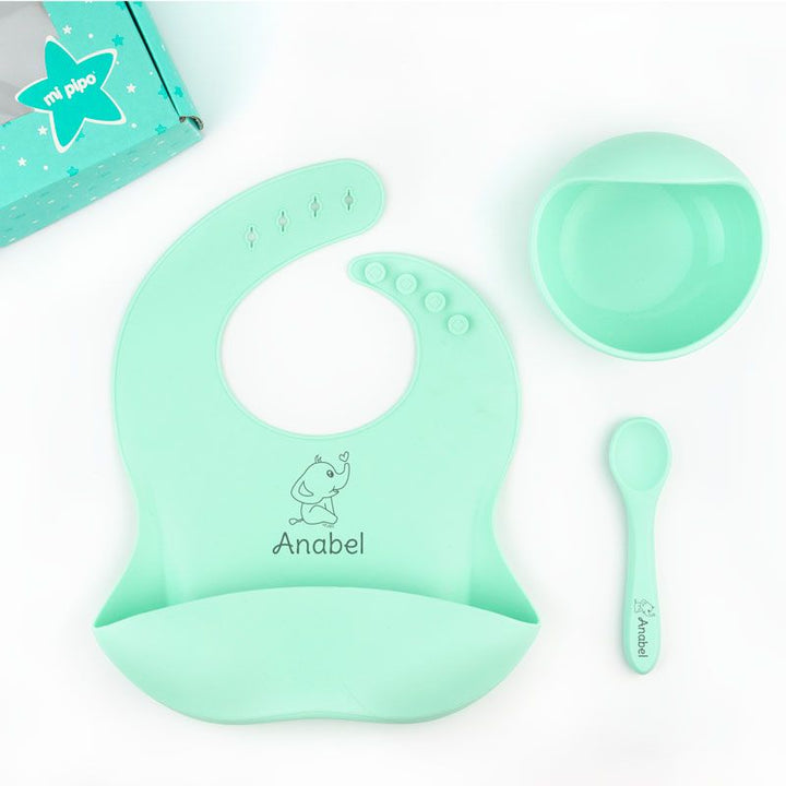 Vajilla con babero, bol y cuchara de silicona Personalizada, dibujo a elegir - Mikeko